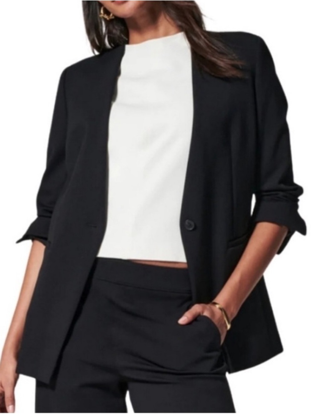 Spanx The Perfect Collarless Blazer Black Single Breasted Large